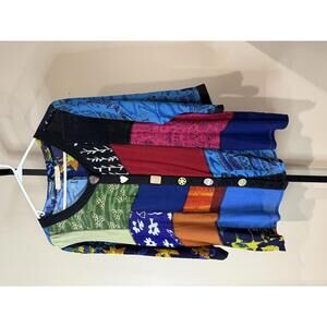 La Cera Colorful Patchwork Button-Up Women's Blouse with Unique Buttons Medium